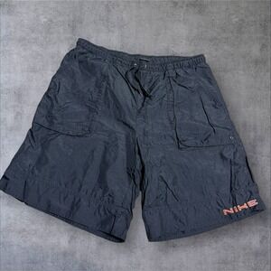 Vintage Nike Swoosh Logo Swim Trunks Mens XL Board Shorts Spellout Black Orange